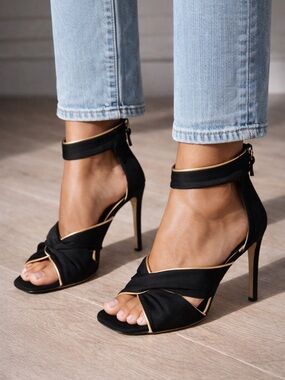ZARA Black Satin Knot Heels Gold Trim Ankle Strap Stiletto Sandals Size 35 EU